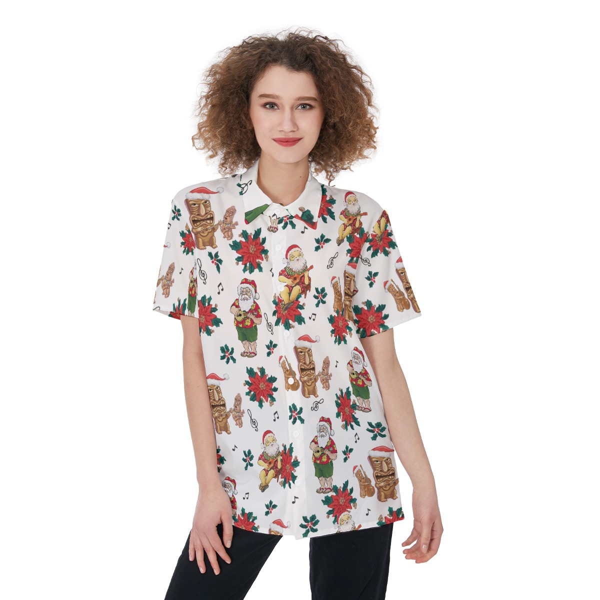 Christmas Tiki And Santa Claus Hawaiian Shirt For Women - variant image 1