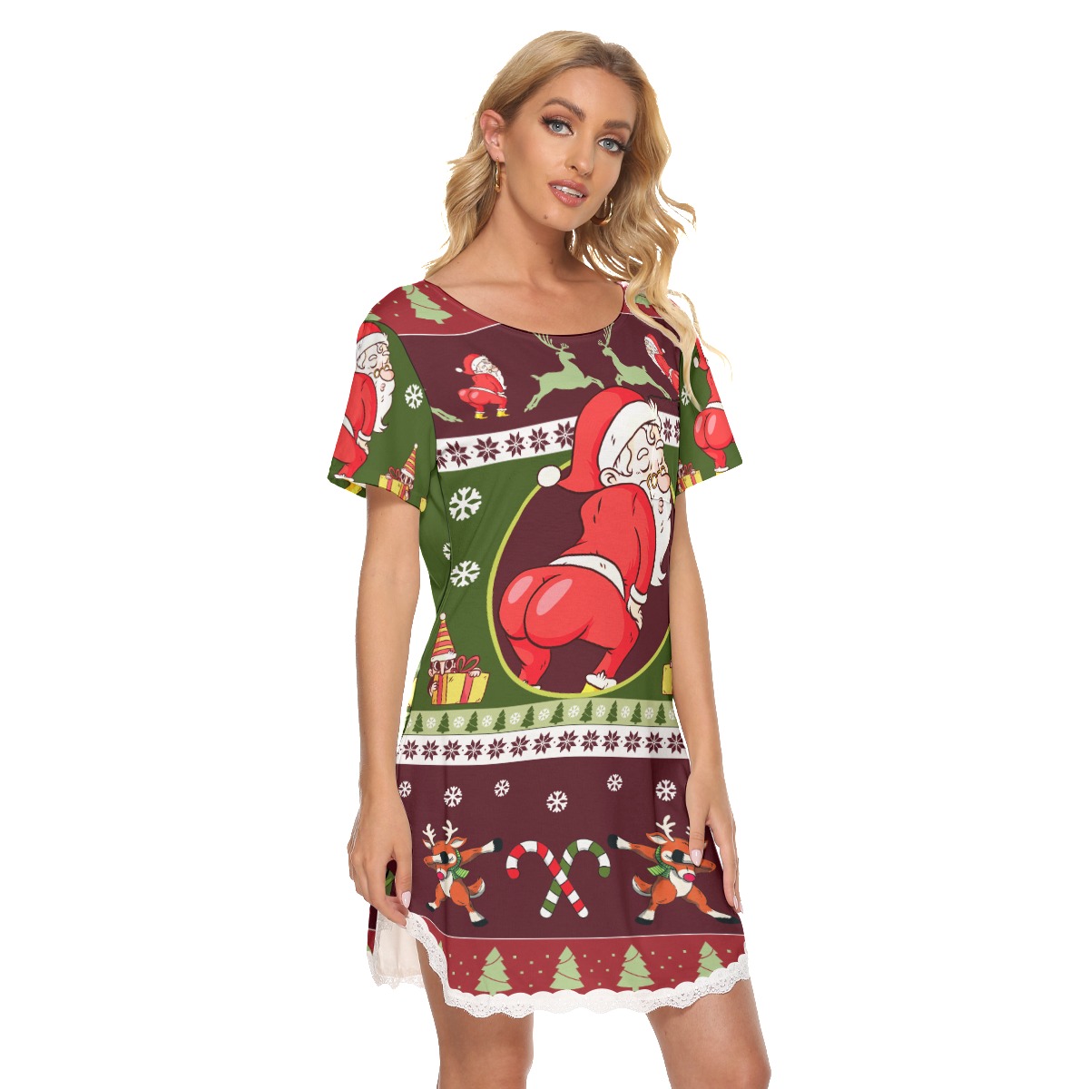 Funny Santa Christmas Hawaiian Dress With Lace