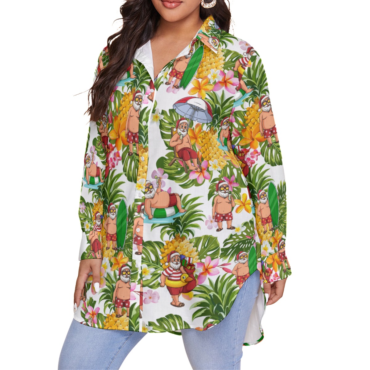 Santa Claus Tropical Christmas Hawaiian Plus Sized Shirt For Women