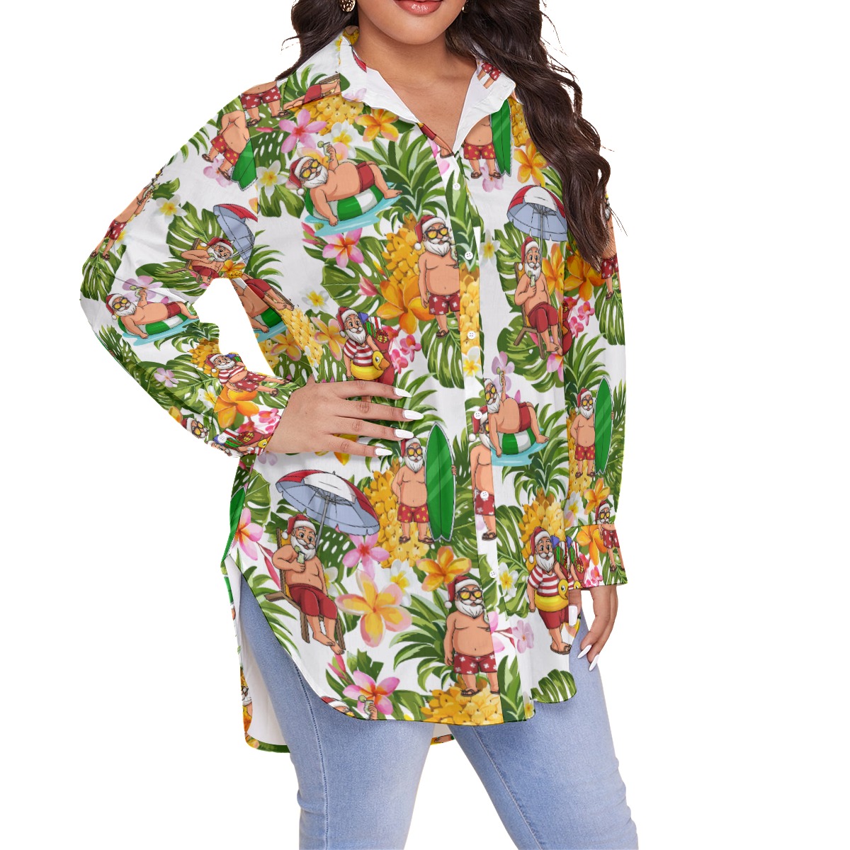 Santa Claus Tropical Christmas Hawaiian Plus Sized Shirt For Women