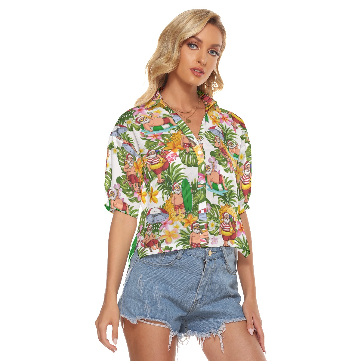 Tropical Santa Christmas Hawaiian Crop Top Shirt For Women