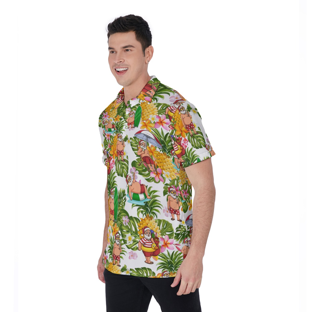 Christmas Santa Claus With Tropical Pattern Hawaiian Polo Shirt For Men