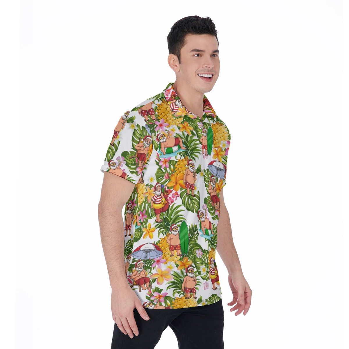 Christmas Santa Claus With Tropical Pattern Hawaiian Polo Shirt For Men