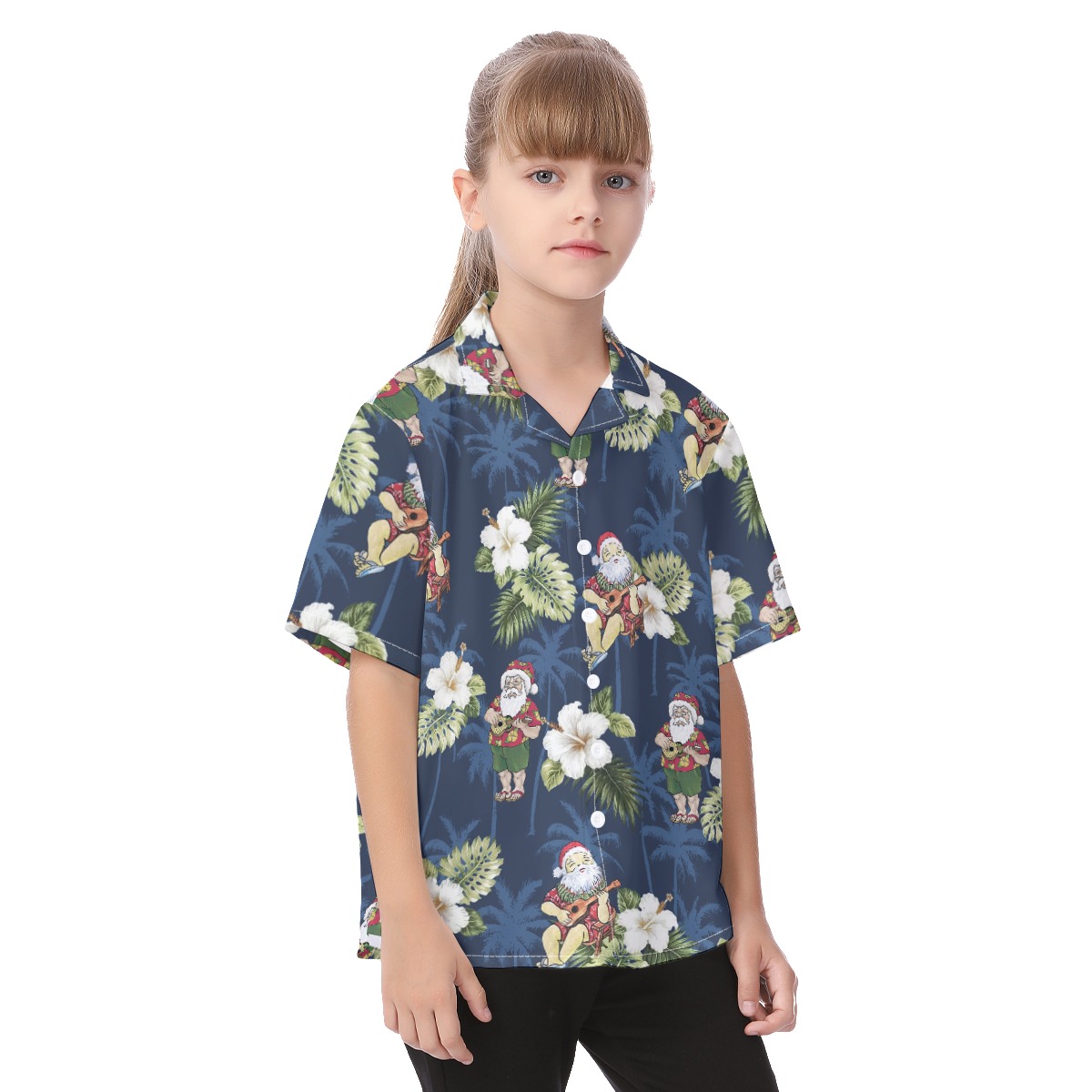 Cute Santa Claus With Ukulele Floral Christmas Hawaiian Shirt For Kids