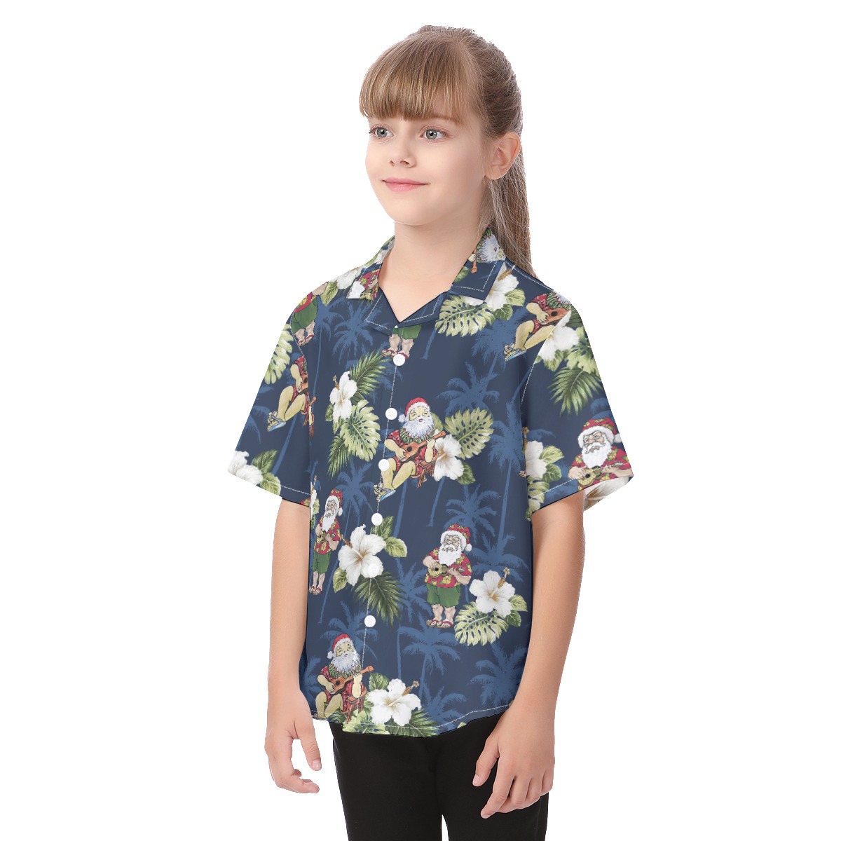Cute Santa Claus With Ukulele Floral Christmas Hawaiian Shirt For Kids