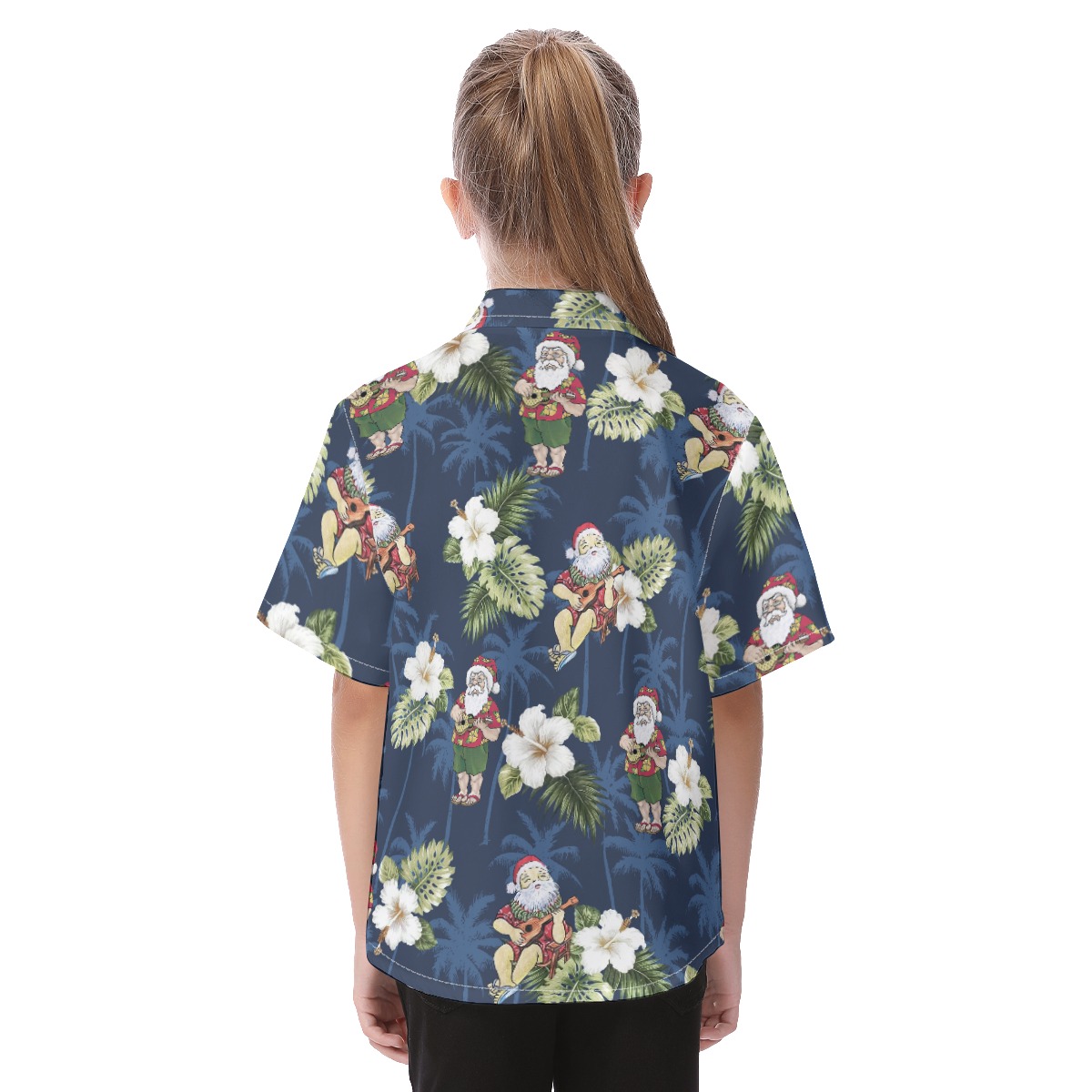 Cute Santa Claus With Ukulele Floral Christmas Hawaiian Shirt For Kids