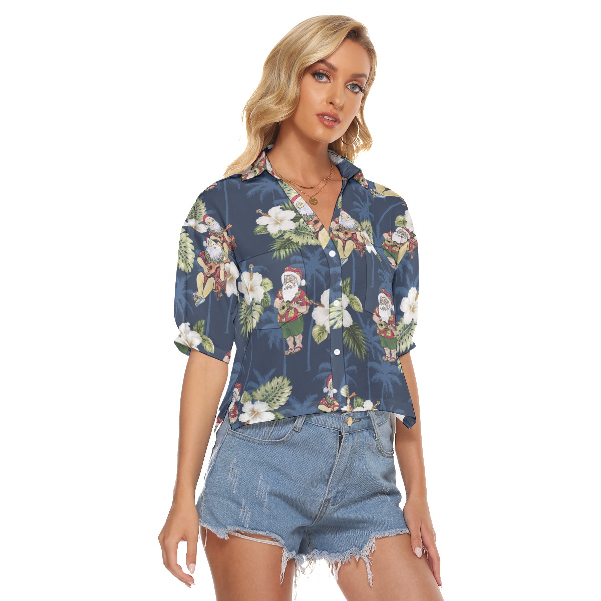 Funny Santa Claus With Ukulele Floral Christmas Hawaiian Crop Top Shirt