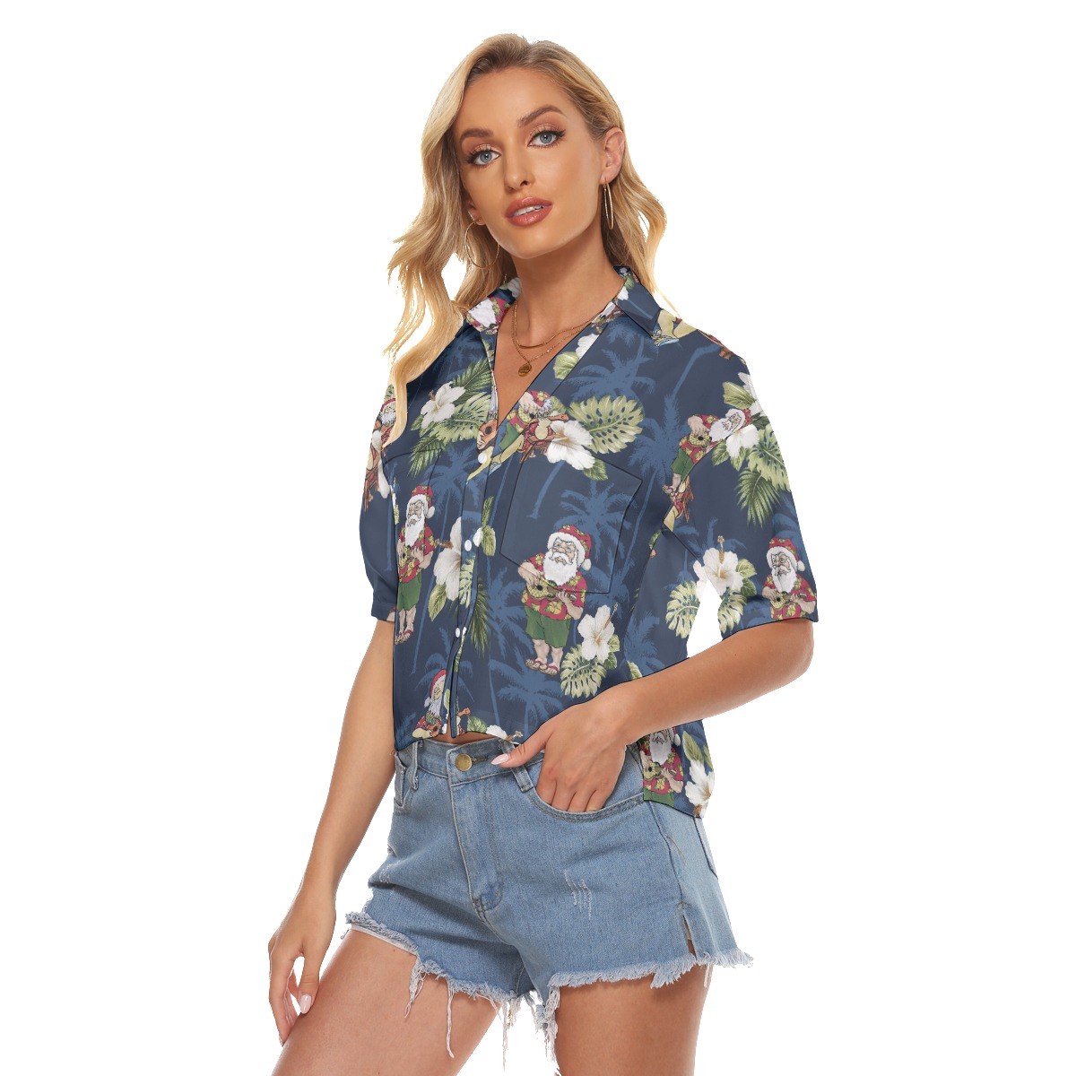 Funny Santa Claus With Ukulele Floral Christmas Hawaiian Crop Top Shirt