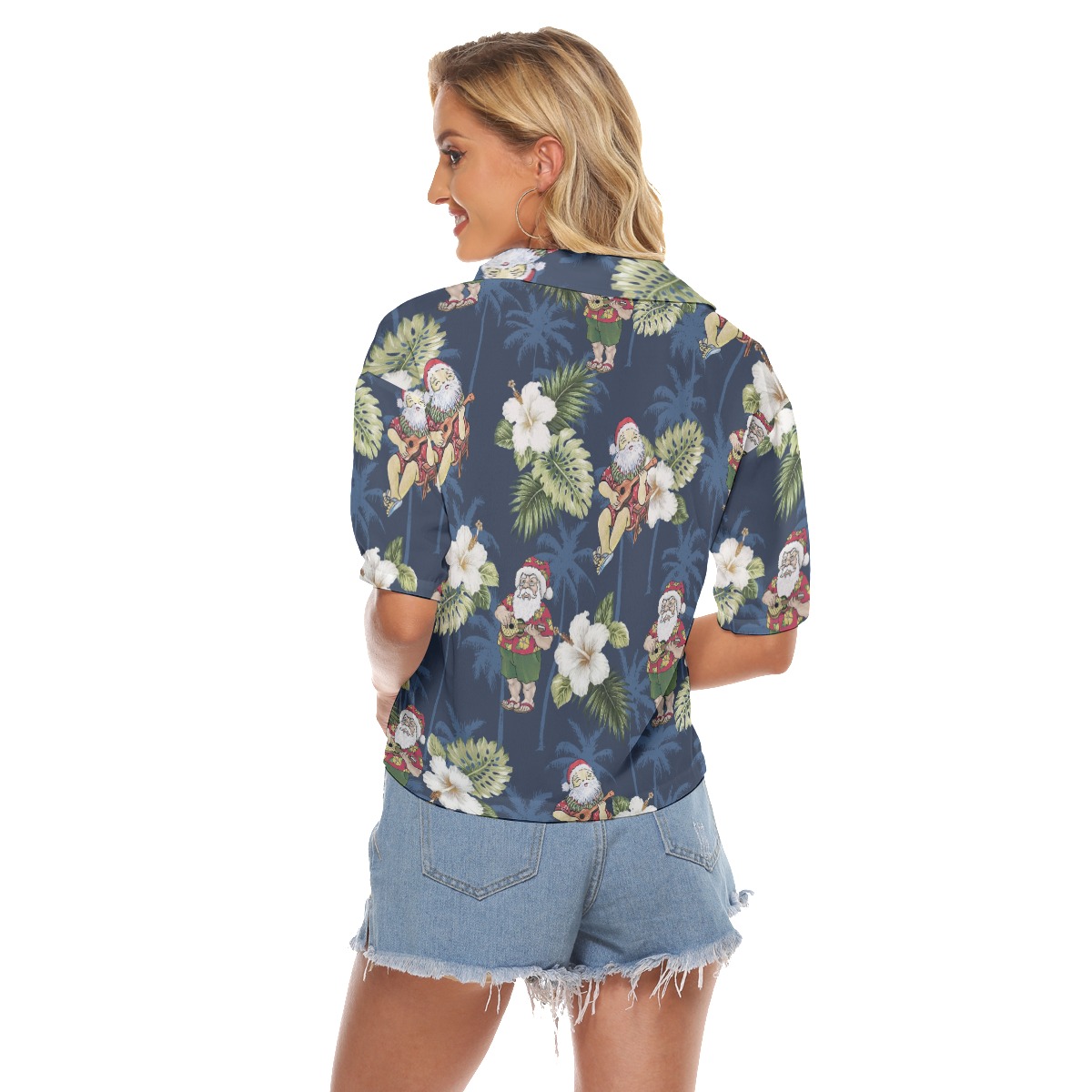 Funny Santa Claus With Ukulele Floral Christmas Hawaiian Crop Top Shirt