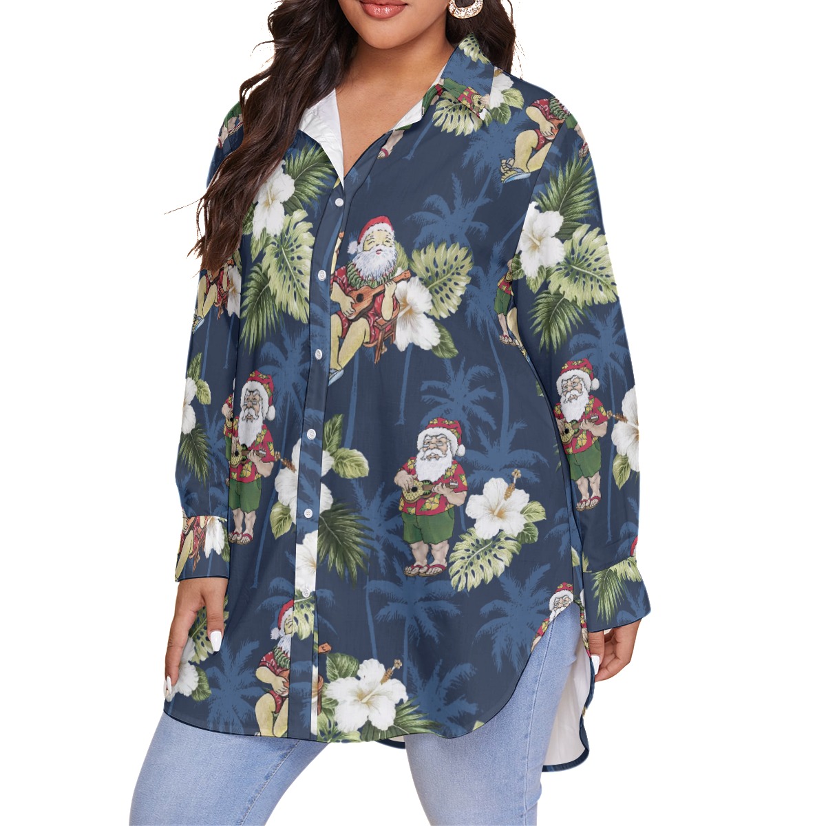 Santa With Ukulele Floral Christmas Plus Sized Long Sleeve Hawaiian Shirt For Women