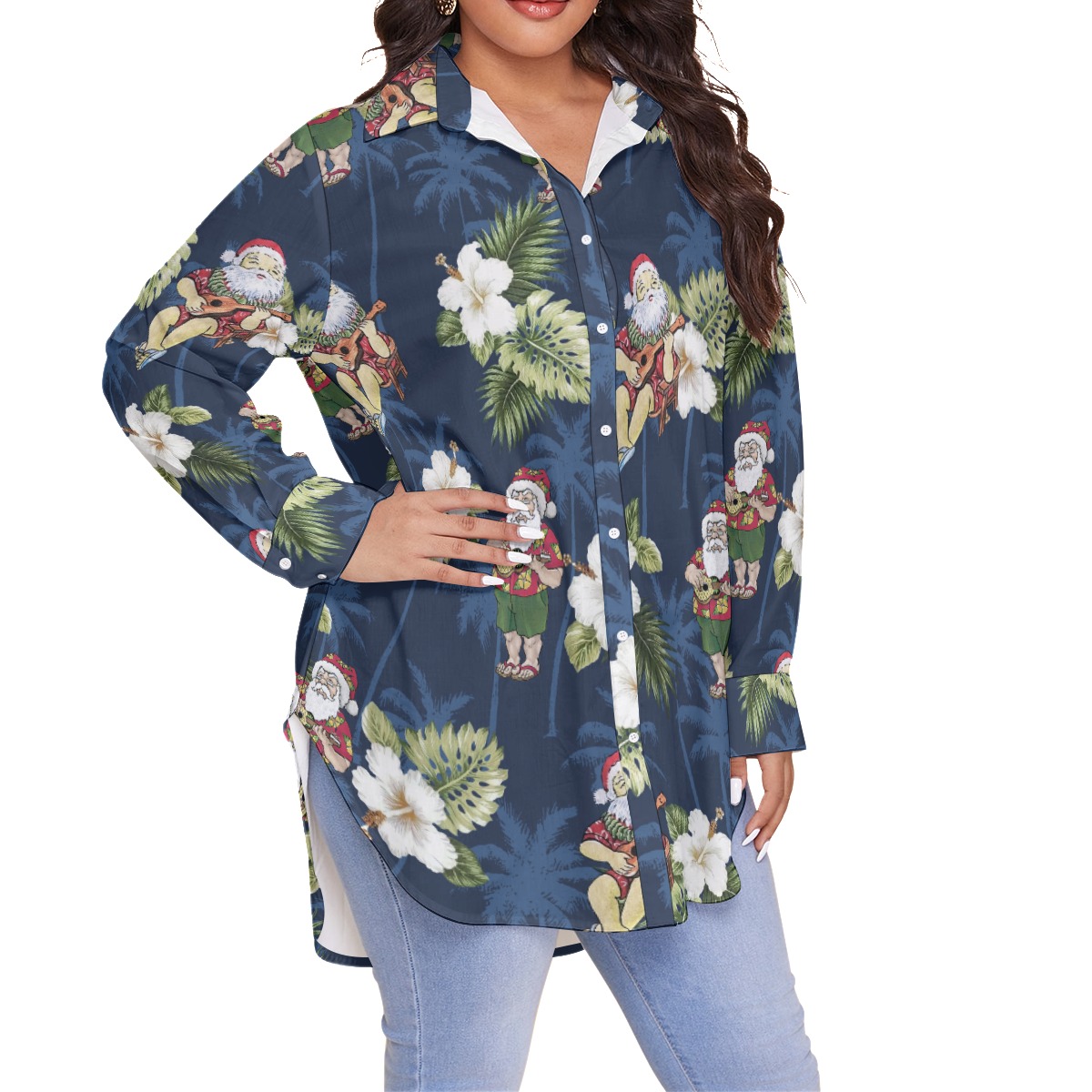 Santa With Ukulele Floral Christmas Plus Sized Long Sleeve Hawaiian Shirt For Women