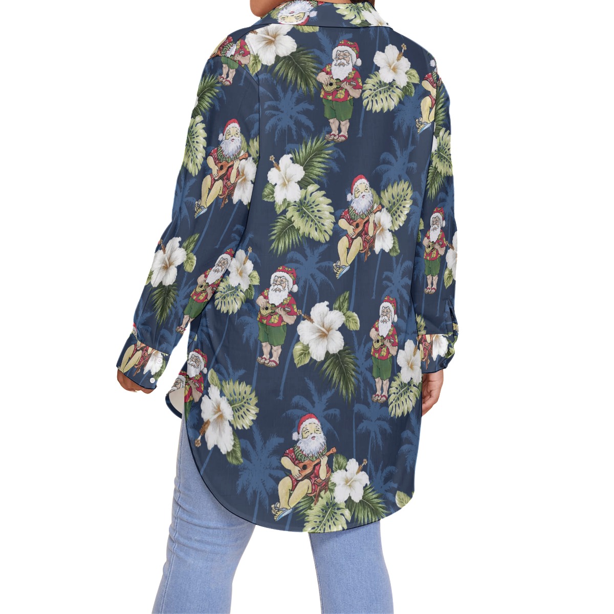 Santa With Ukulele Floral Christmas Plus Sized Long Sleeve Hawaiian Shirt For Women