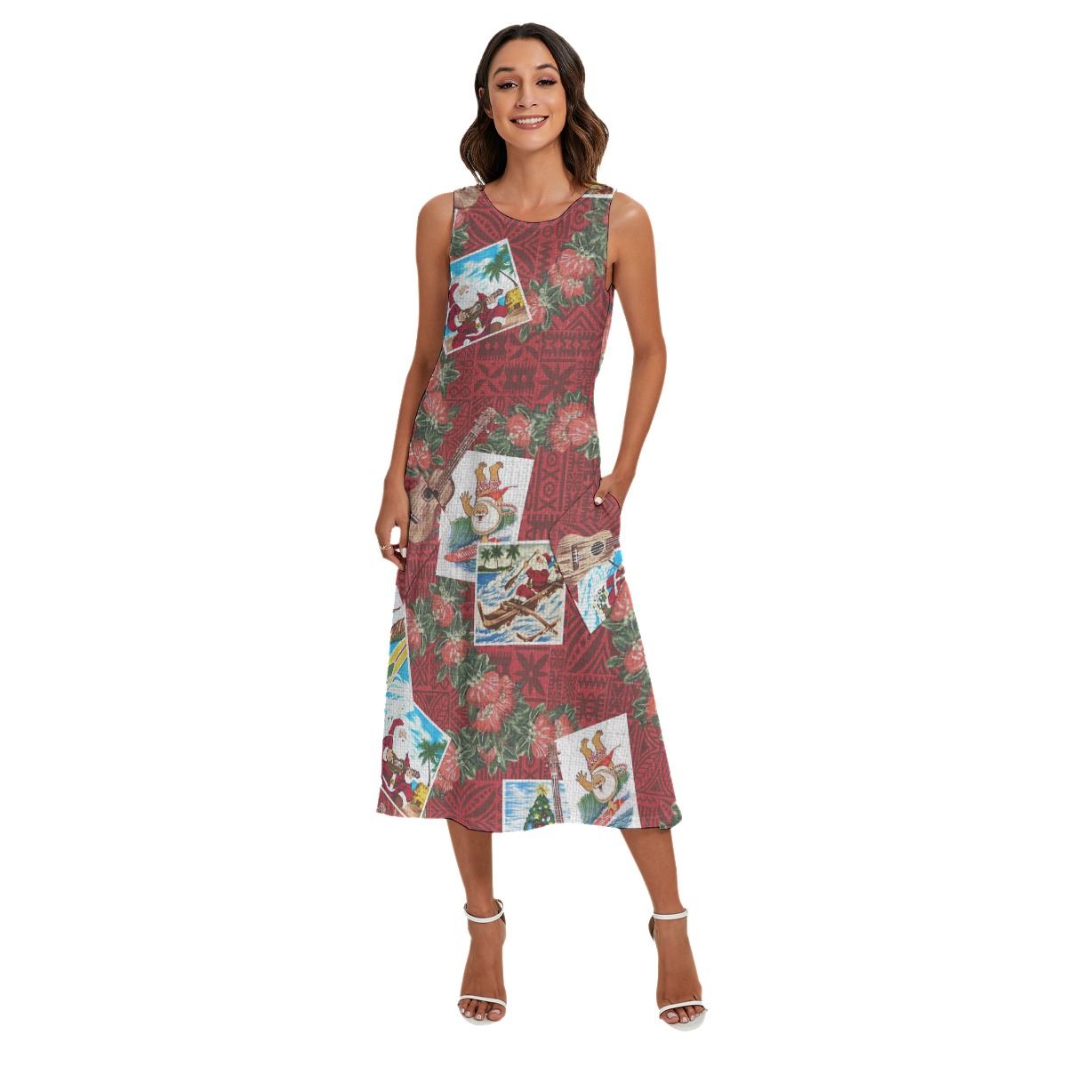 Vintage Santa Claus Christmas Hawaiian Dress With Pocket For Women