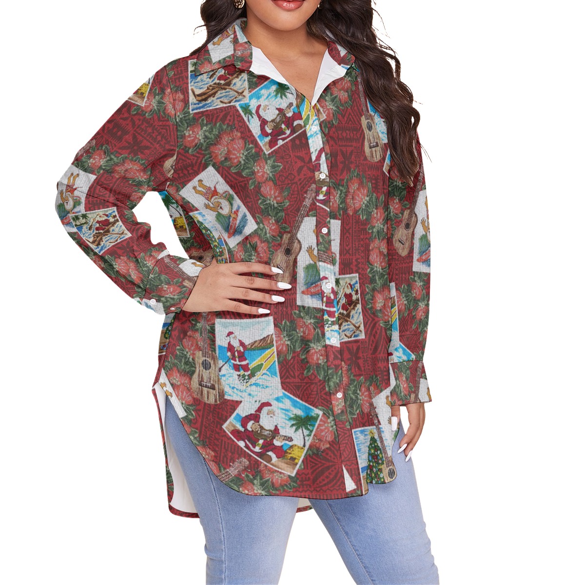 Christmas Santa Vintage Hawaiian Plus Size Shirt For Women
