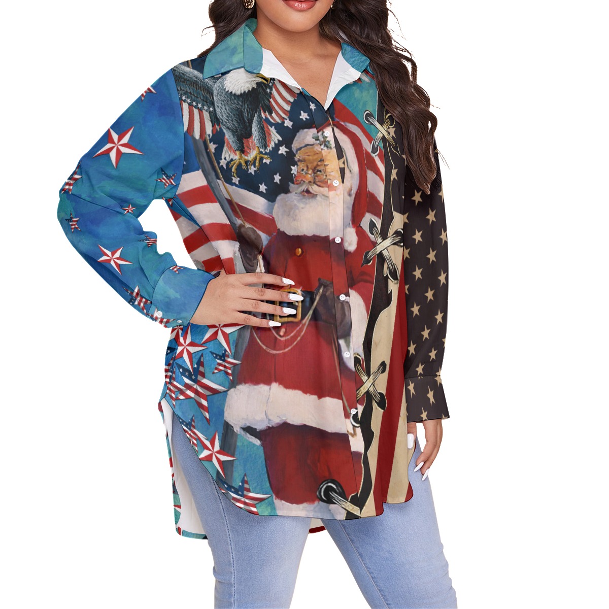 Santa Claus Patriotic Hawaiian Plus Size Shirt For Women