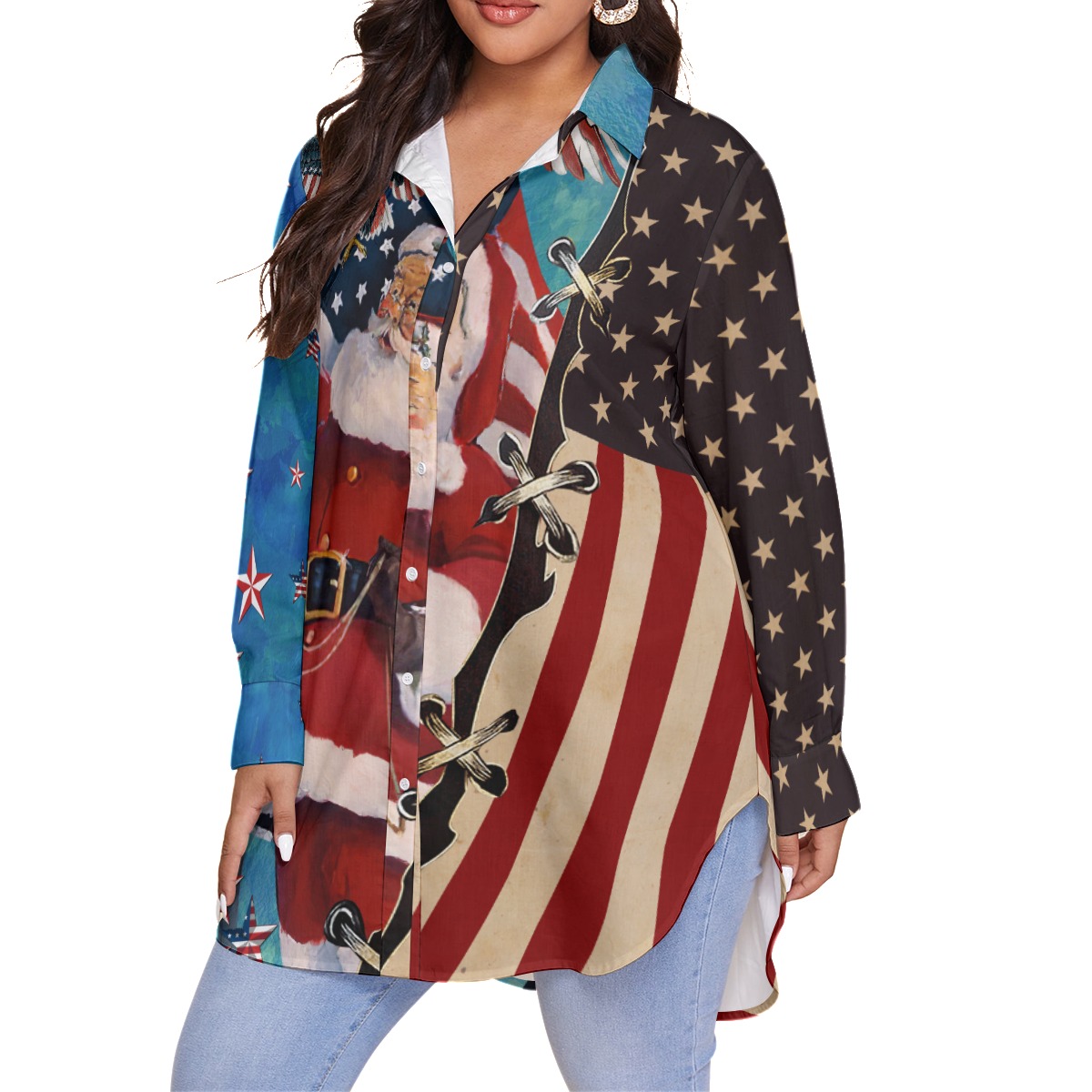 Santa Claus Patriotic Hawaiian Plus Size Shirt For Women
