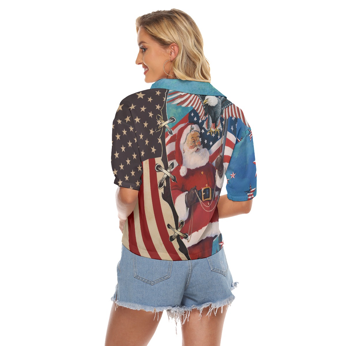 America Christmas Patriotic Santa Claus Hawaiian Crop Top Shirt For Women