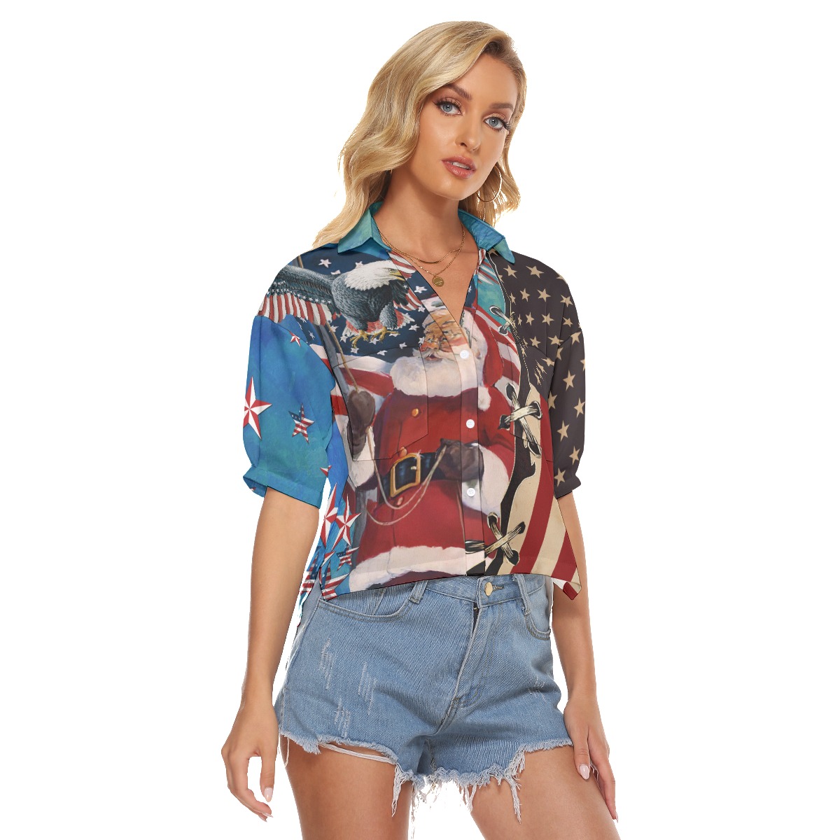 America Christmas Patriotic Santa Claus Hawaiian Crop Top Shirt For Women