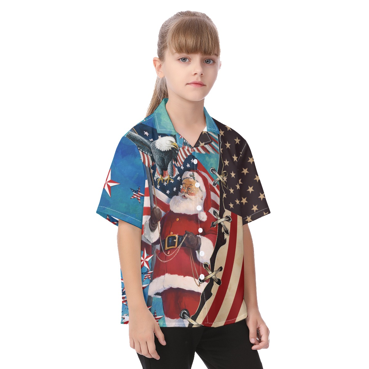 Christmas Santa Claus With American Flag Hawaiian Shirt For Kids