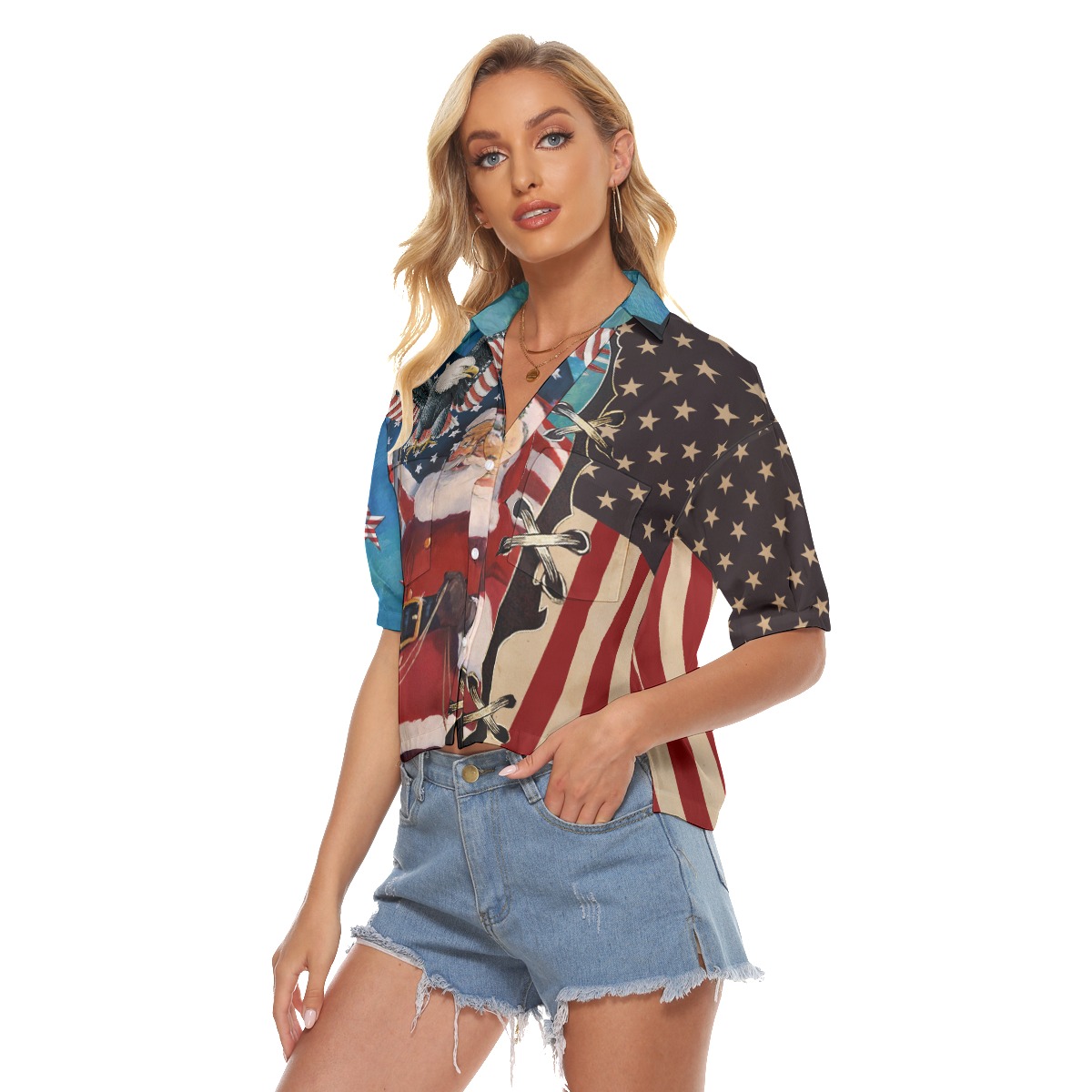 America Christmas Patriotic Santa Claus Hawaiian Crop Top Shirt For Women