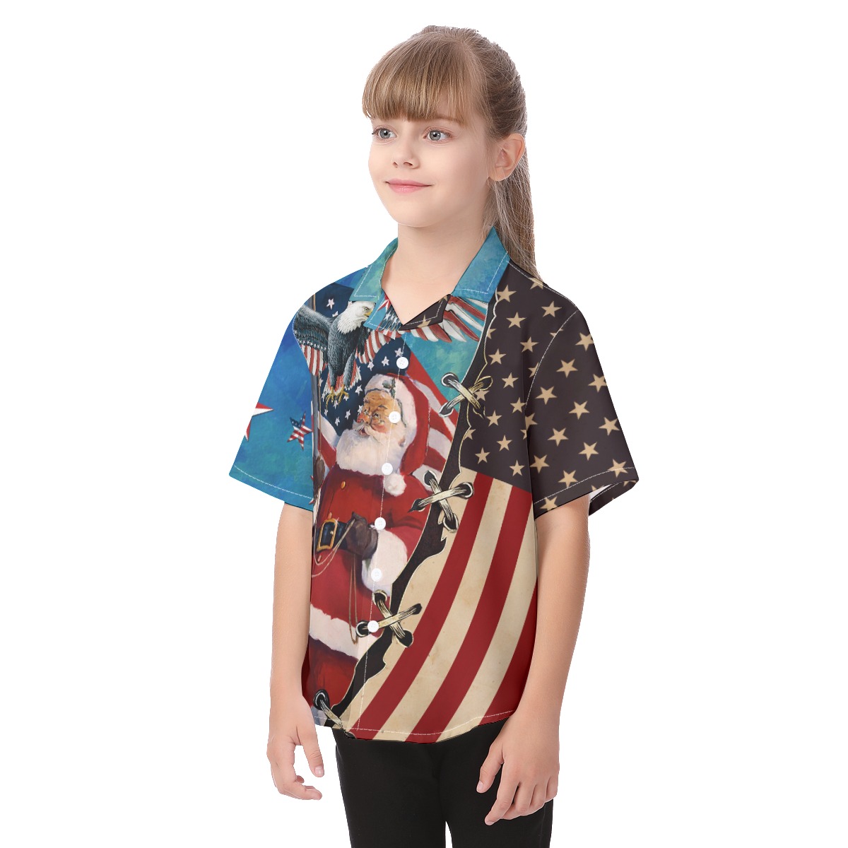 Christmas Santa Claus With American Flag Hawaiian Shirt For Kids