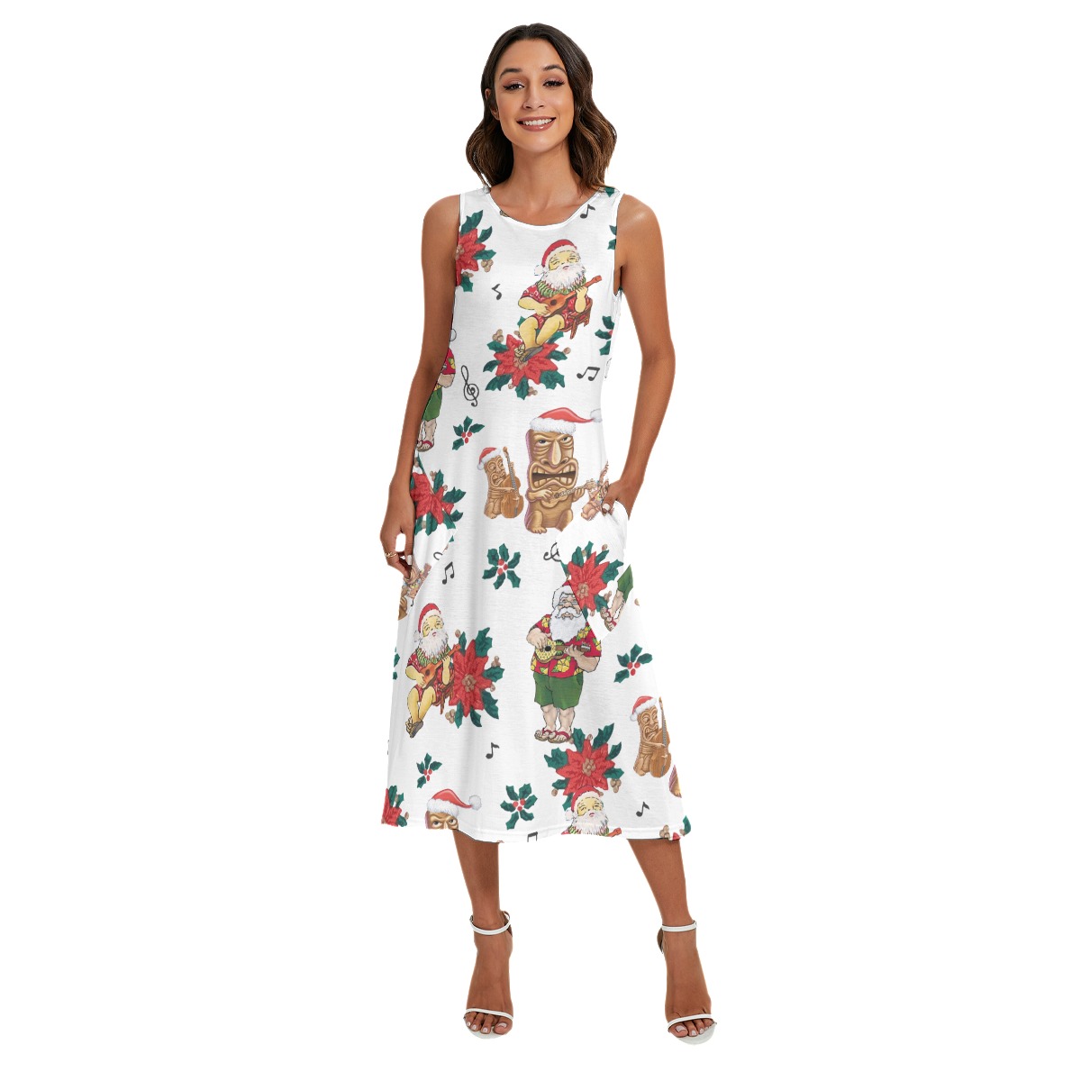Christmas Tiki And Santa Claus Playing Ukulele Hawaiian Long Dress For Women