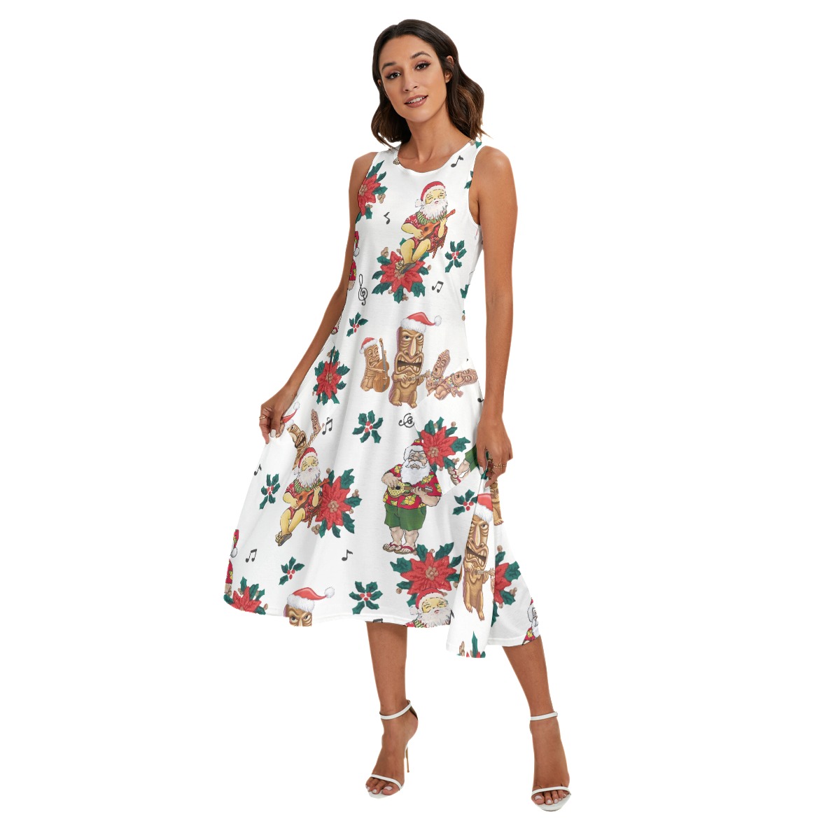 Christmas Tiki And Santa Claus Playing Ukulele Hawaiian Long Dress For Women