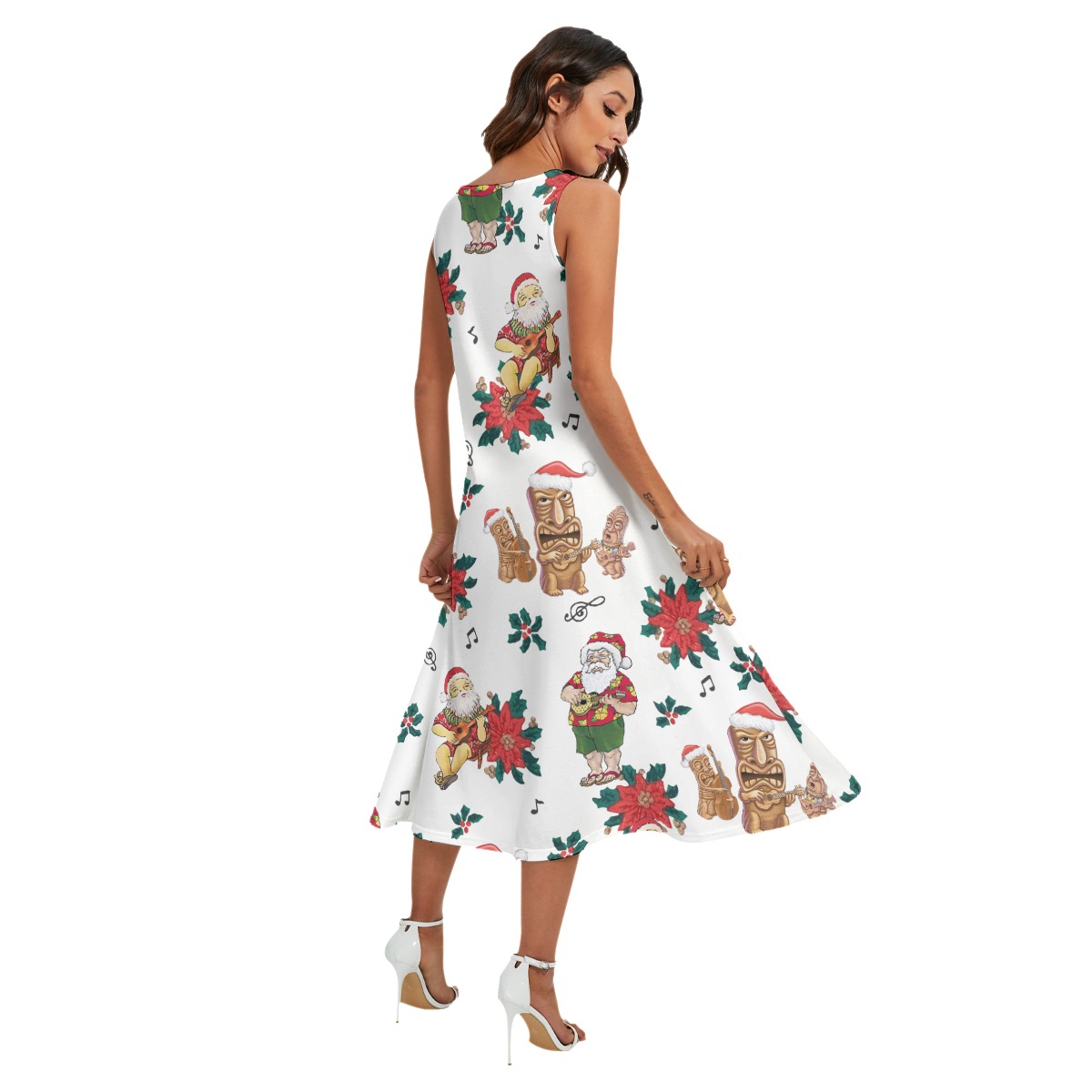 Christmas Tiki And Santa Claus Playing Ukulele Hawaiian Long Dress For Women