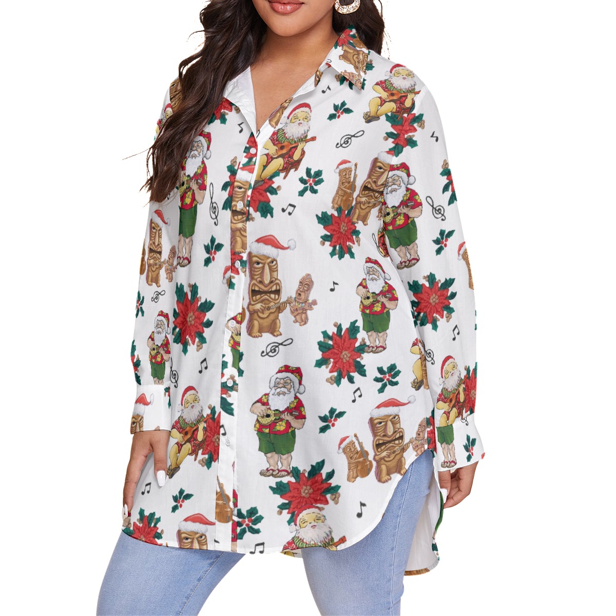 Christmas Santa Claus Playing Ukulele Aloha Plus Size Shirt For Women
