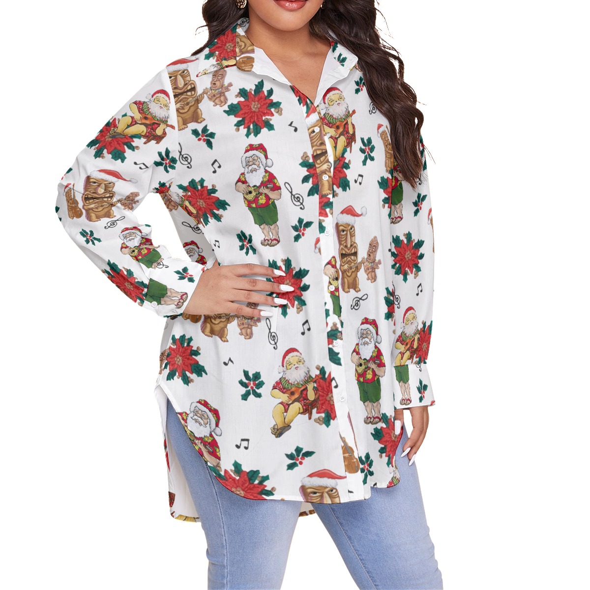 Christmas Santa Claus Playing Ukulele Aloha Plus Size Shirt For Women
