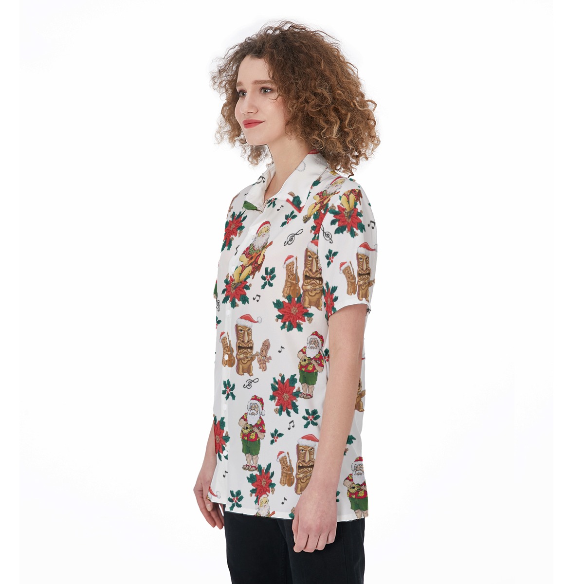 Christmas Tiki And Santa Claus Hawaiian Shirt For Women