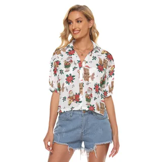 Christmas Santa Claus Floral Hawaiian Crop Top Shirt For Women