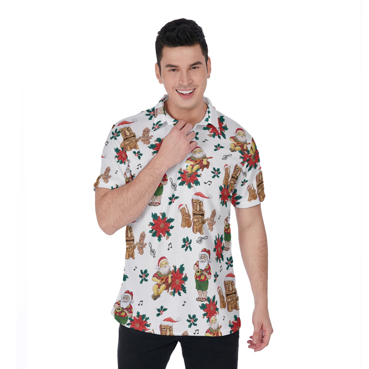 Tiki And Santa Playing Ukulele Aloha Polo Shirt - variant image 1
