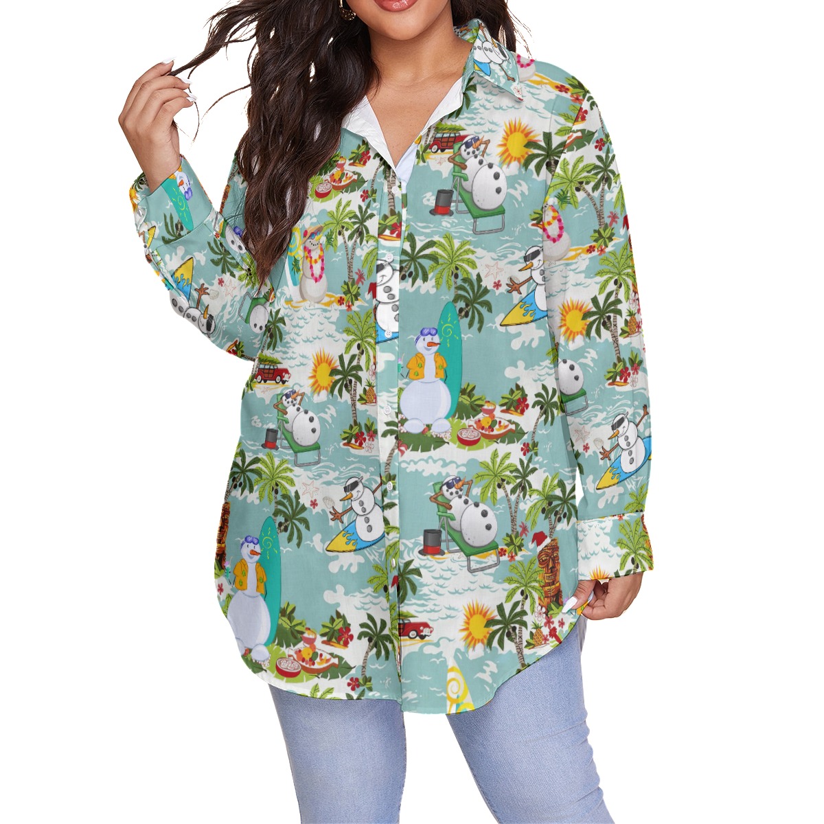 Christmas Snowman Tropical Hawaiian Plus Size Shirt For Women - variant image 1