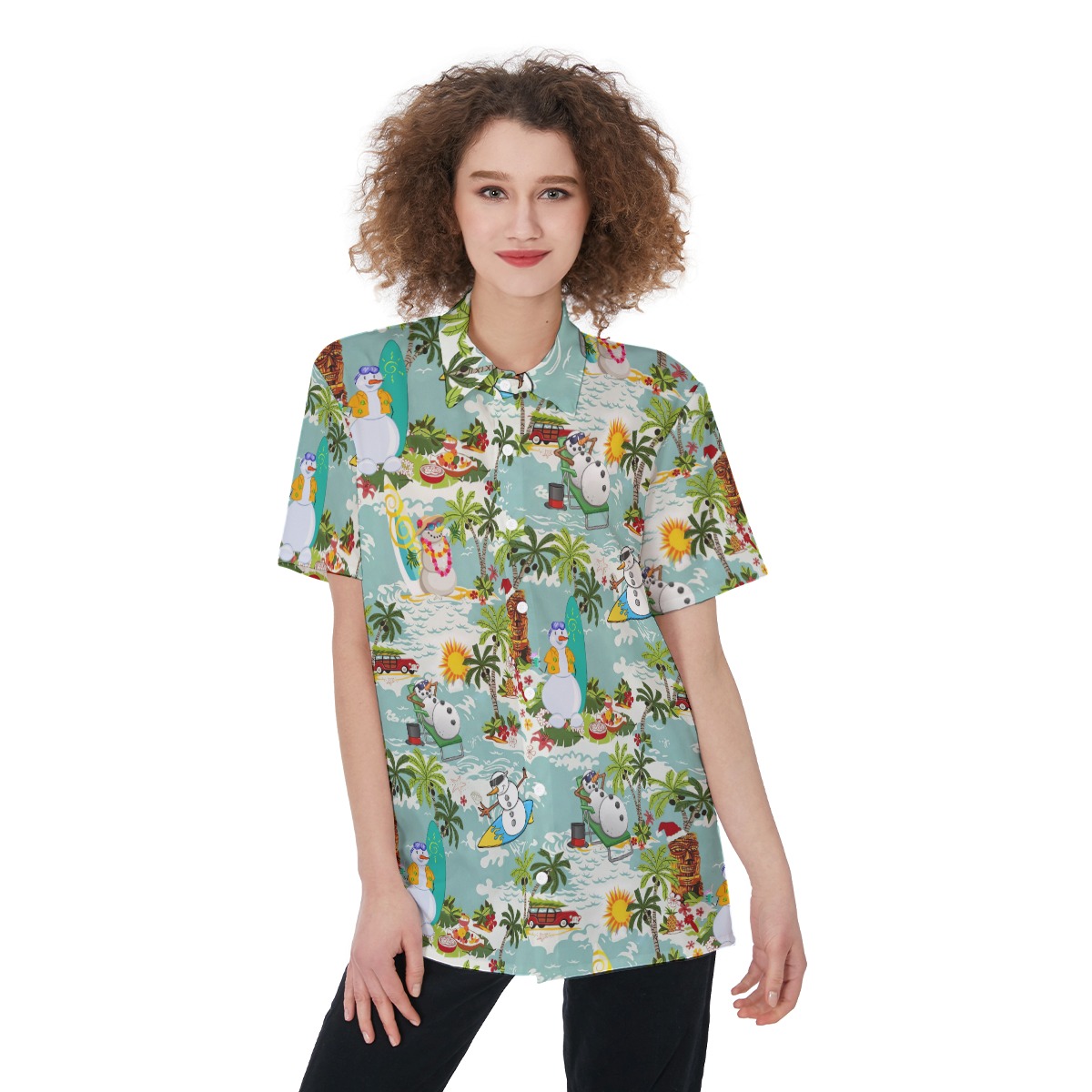 Christmas Snowman Surfing Hawaiian Button Up Shirt For Women - variant image 1
