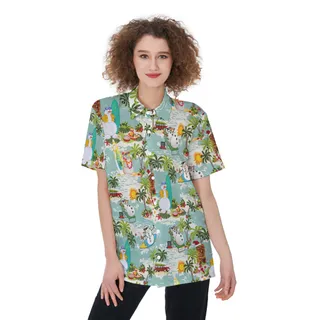 Christmas Snowman Surfing Hawaiian Button Up Shirt For Women