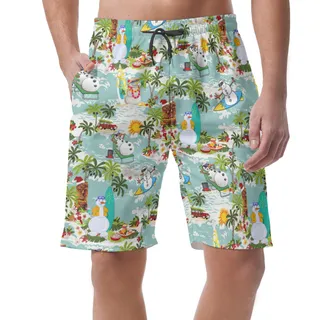 Christmas Snowman Surfing Aloha Beach Shorts For Men