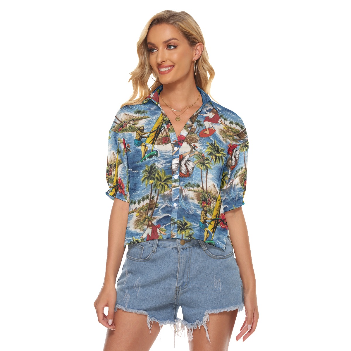 Jesus Surfing Tropical Hawaiian Crop Top Shirt For Women - variant image 1