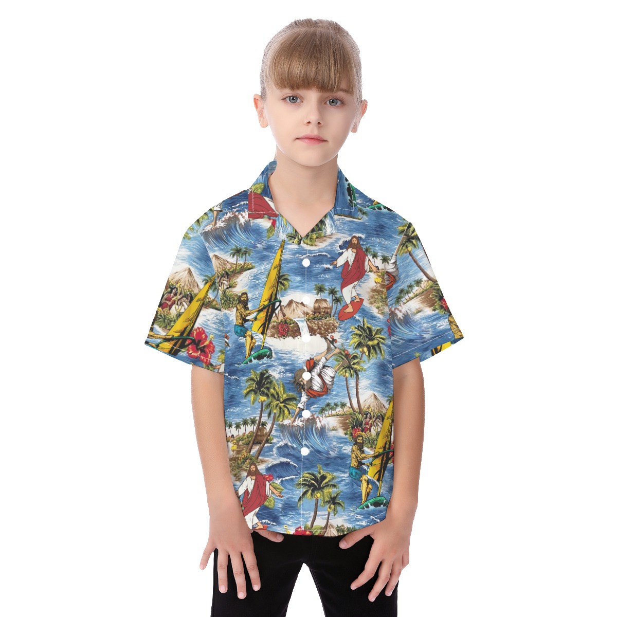 Funny Jesus Surfing Aloha Shirt For Kids - variant image 1