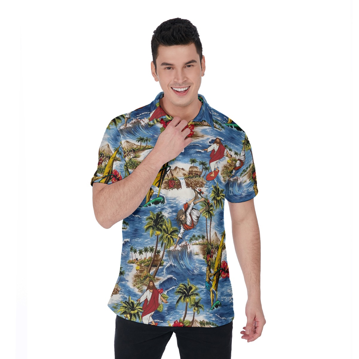 Christmas Jesus Surfing Hawaiian Polo Shirt For Men - variant image 1