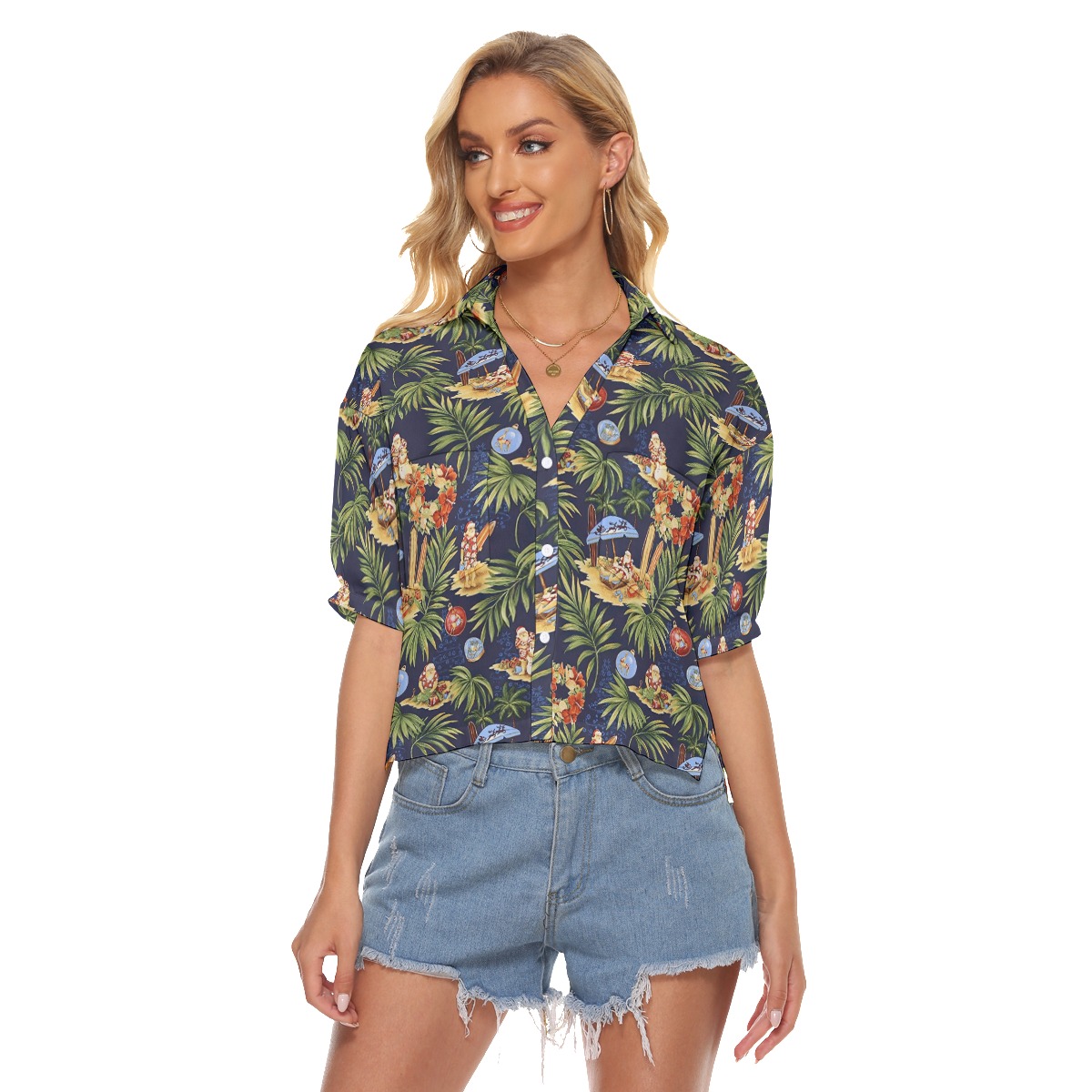 Tropical Santa Claus Christmas Hawaiian Cropped Shirt For Women - variant image 1