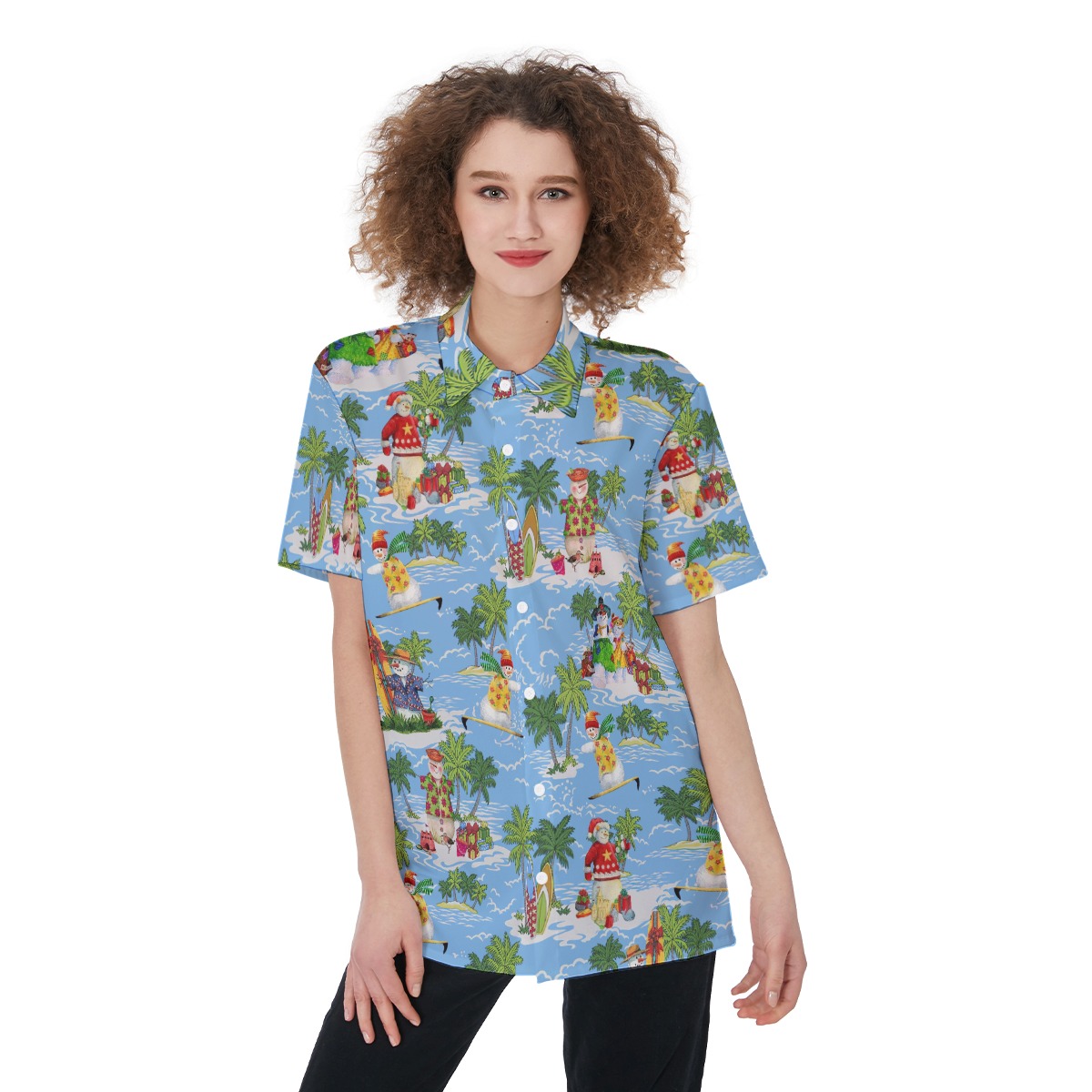 Christmas Snowman Tropical Aloha Button Up Shirt For Women - variant image 1
