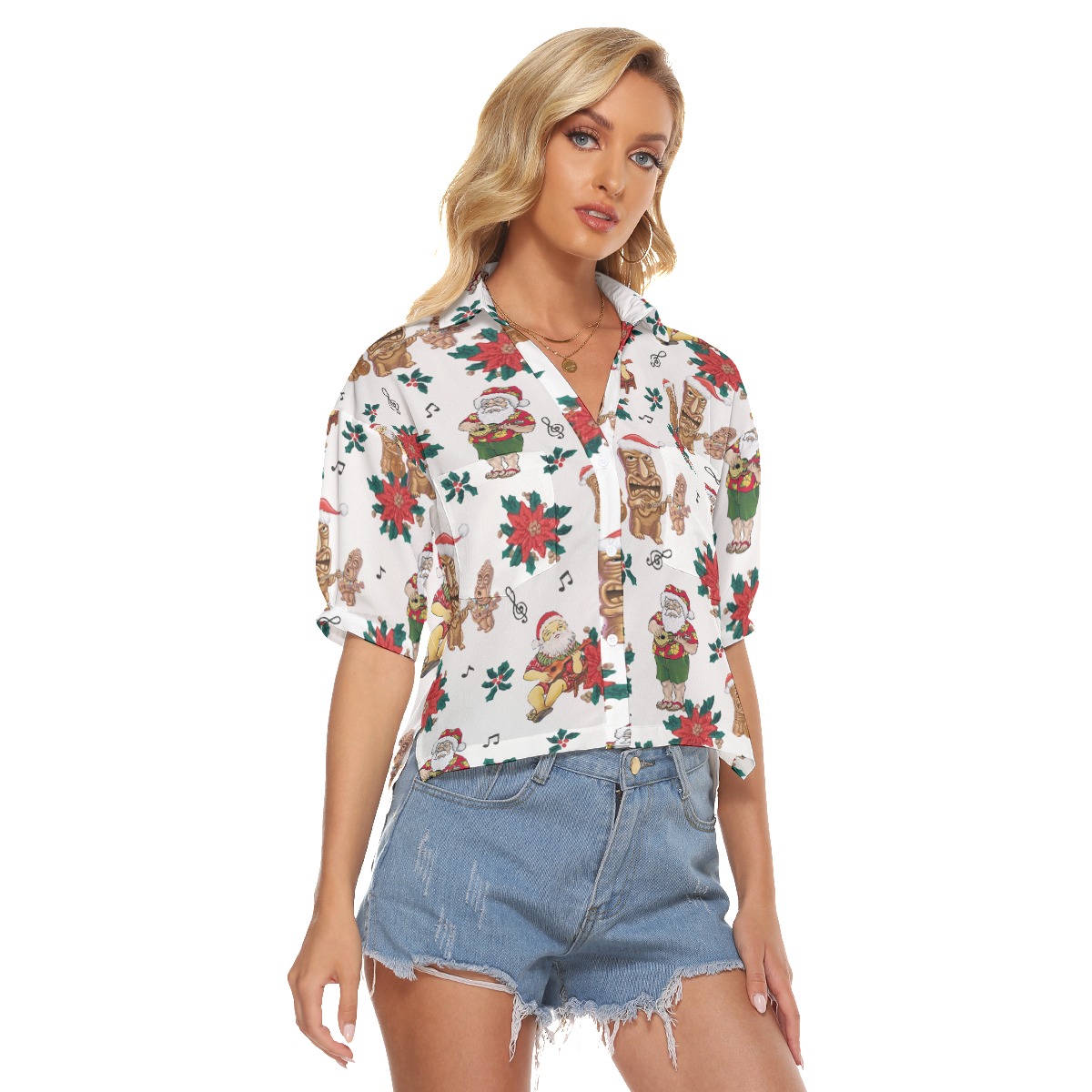 Christmas Santa Claus Floral Hawaiian Crop Top Shirt For Women