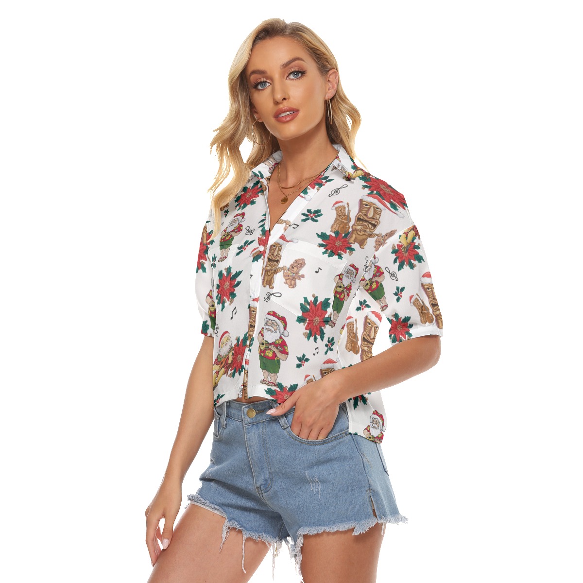 Christmas Santa Claus Floral Hawaiian Crop Top Shirt For Women