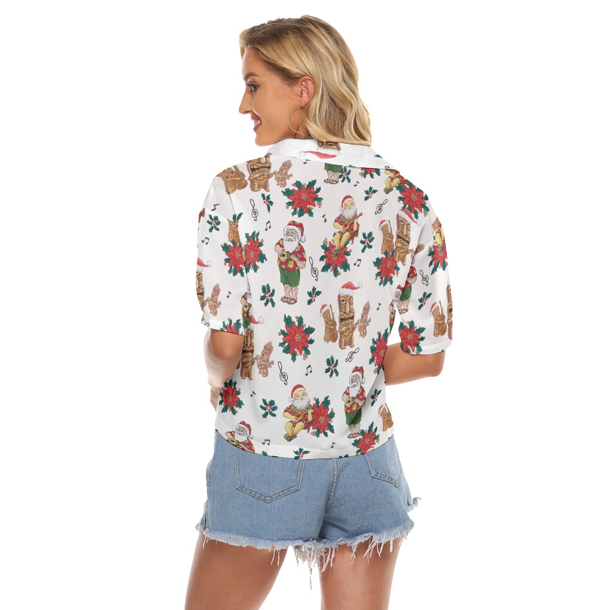 Christmas Santa Claus Floral Hawaiian Crop Top Shirt For Women