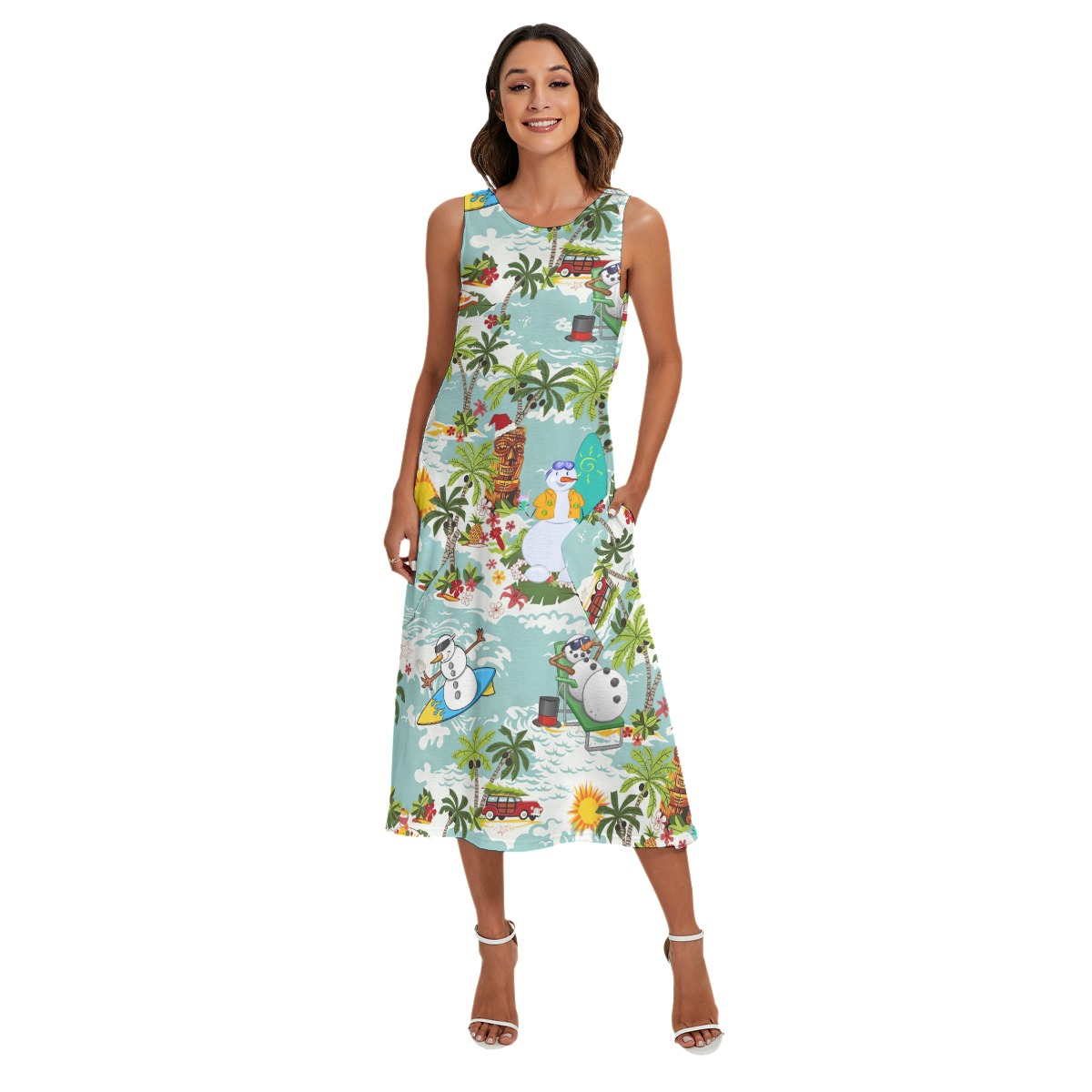 Snowman Surfing Christmas Hawaiian Long Dress For Women