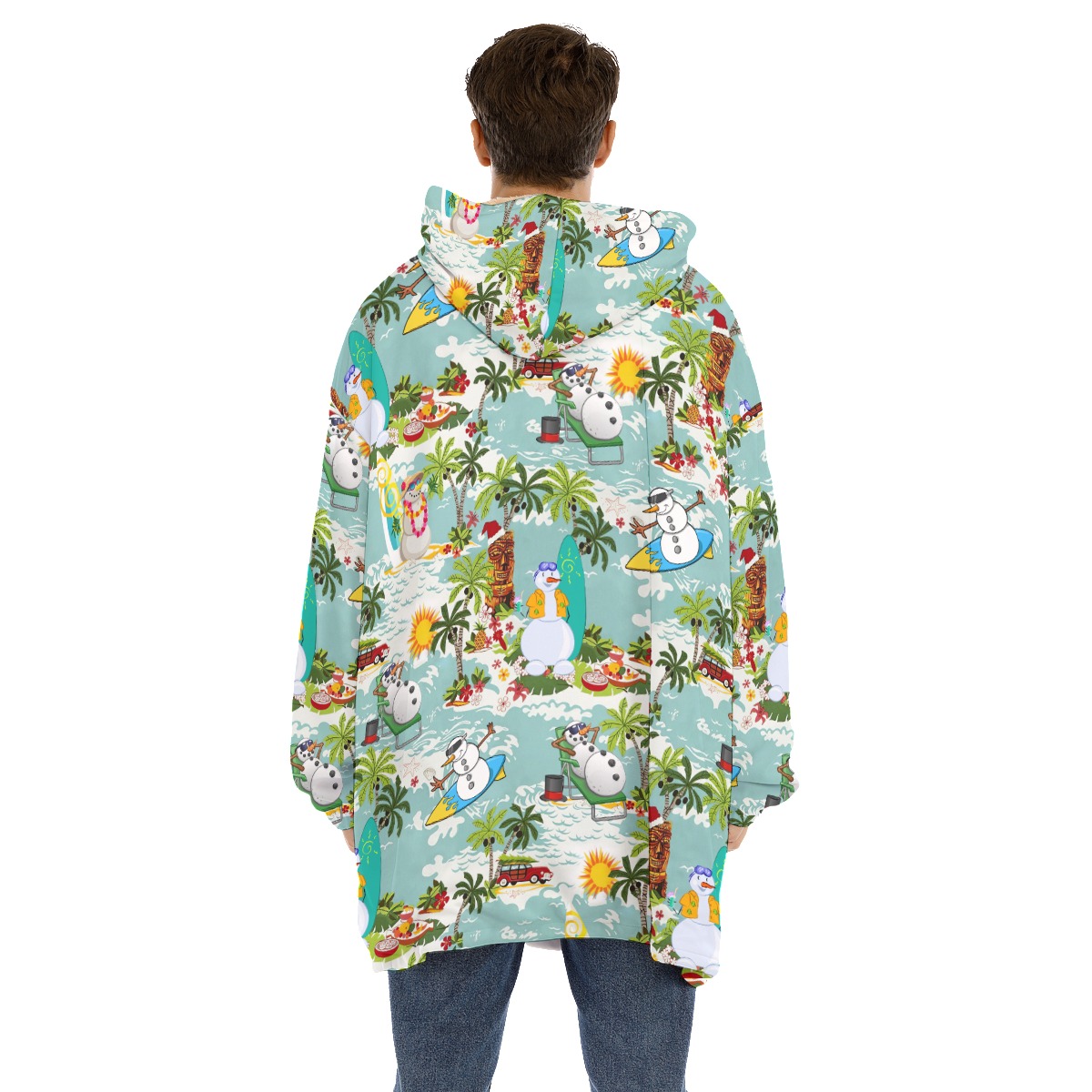 Christmas Snowman Surfing Hawaiian Hoodie Blanket
