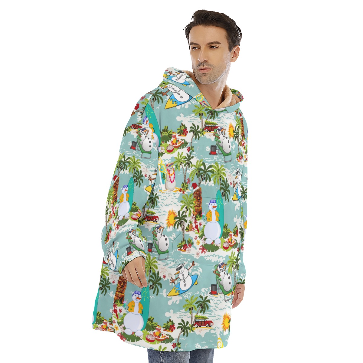 Christmas Snowman Surfing Hawaiian Hoodie Blanket