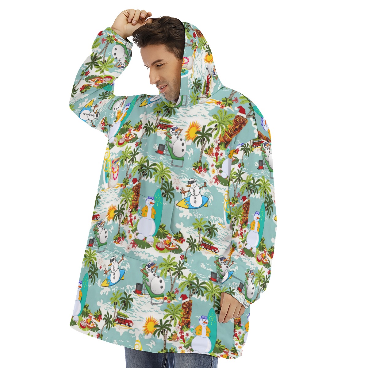 Christmas Snowman Surfing Hawaiian Hoodie Blanket