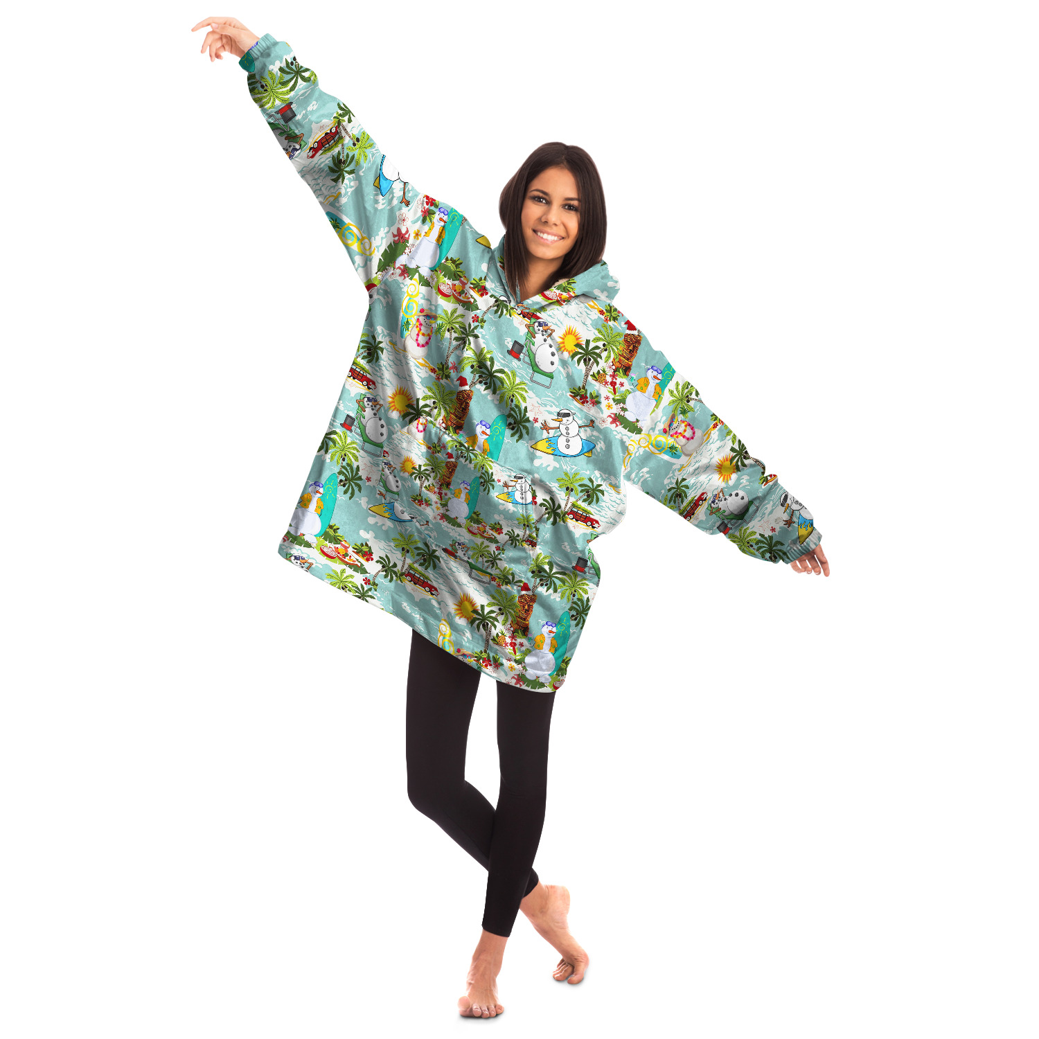 Christmas Snowman Surfing Cozy Hawaiian Hoodie Blanket For Women